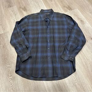 Canali Button Up Shirt Men's Large Plaid Cotton black and blue made in Italy